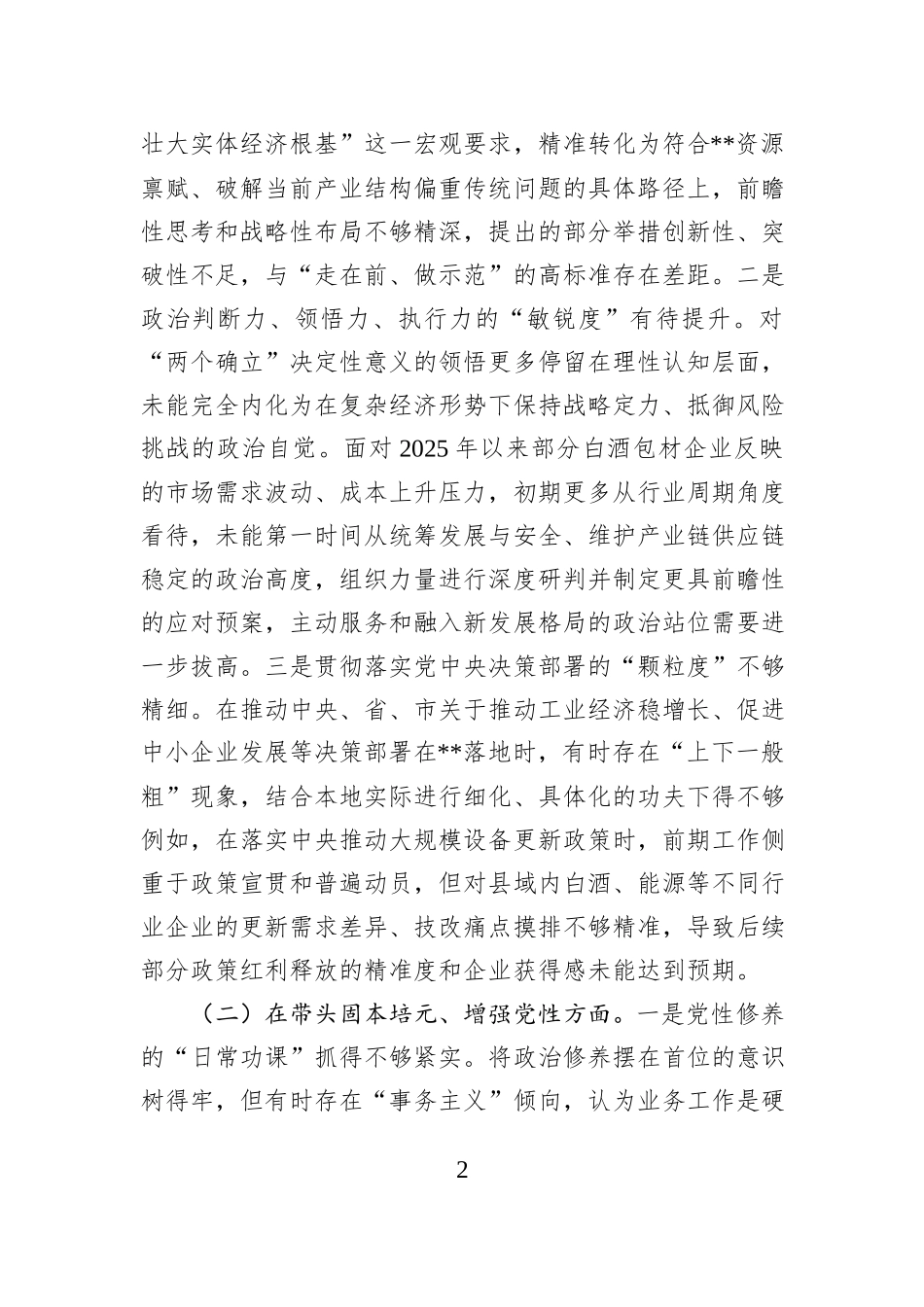 工信局党组书记2025年度民主生活会个人对照检查材料(五个带头).docx_第2页