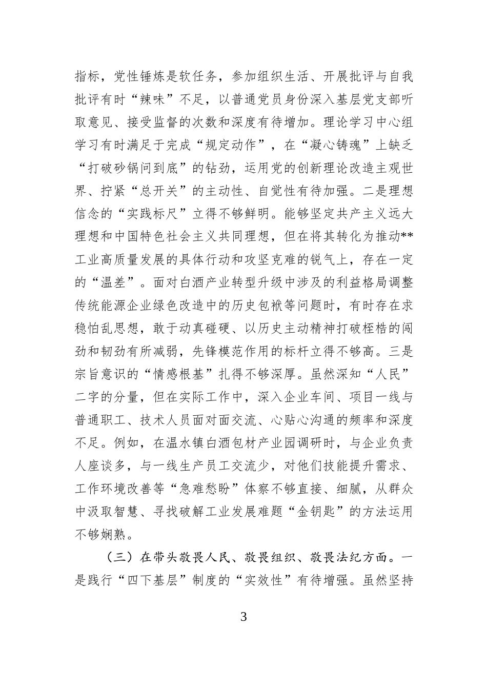 工信局党组书记2025年度民主生活会个人对照检查材料(五个带头).docx_第3页