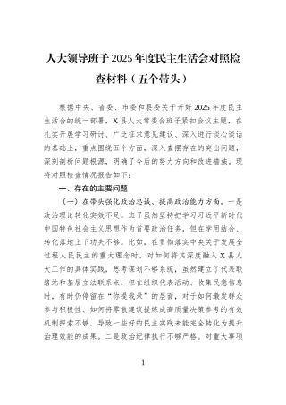 人大领导班子2025年度民主生活会对照检查材料（五个带头）.docx