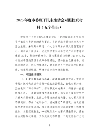 2025年度市委班子民主生活会对照检查材料（五个带头）.docx