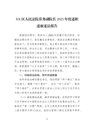 XX区人民法院常务副院长2025年度述职述廉述法报告.docx