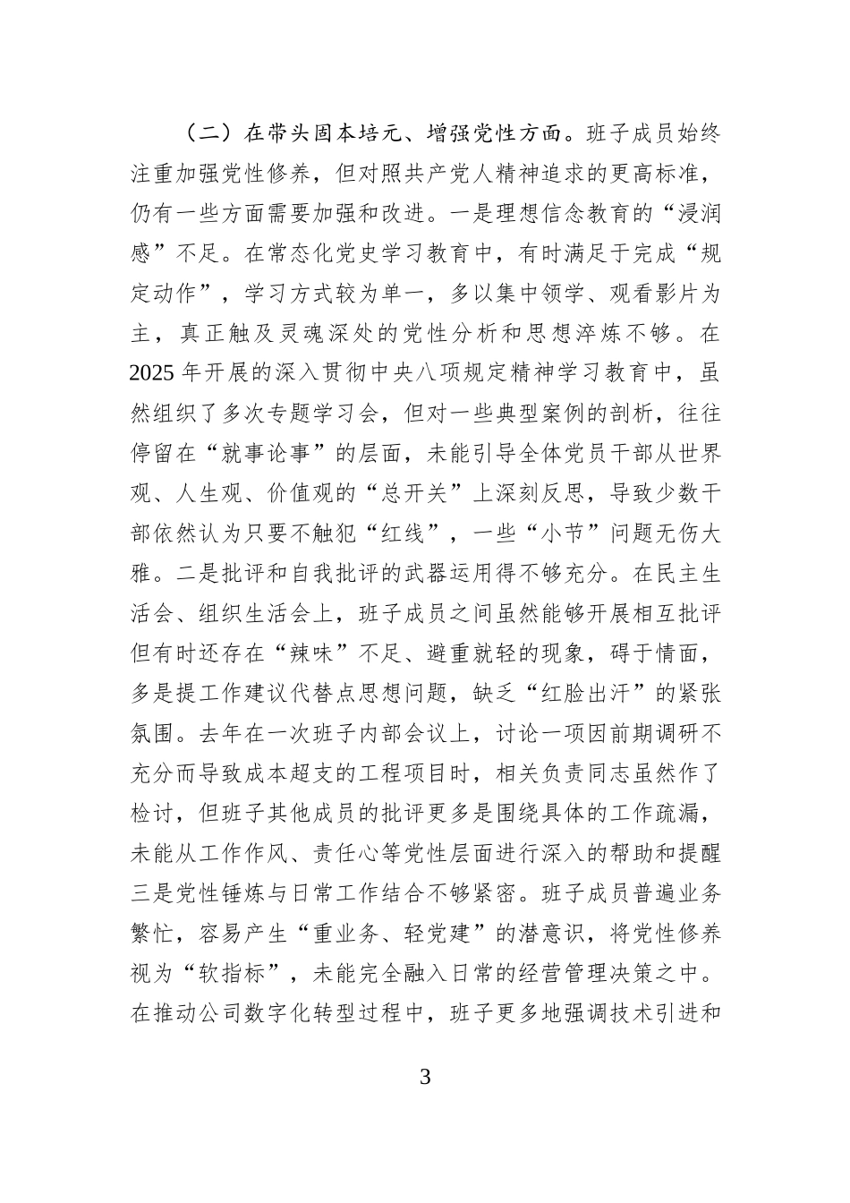 公司2025年度民主生活会领导班子对照检查材料(五个带头).docx_第3页