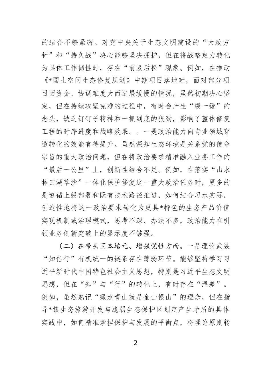 生态环境分局党组书记2025年度民主生活会个人对照检查材料（五个带头）.docx_第2页