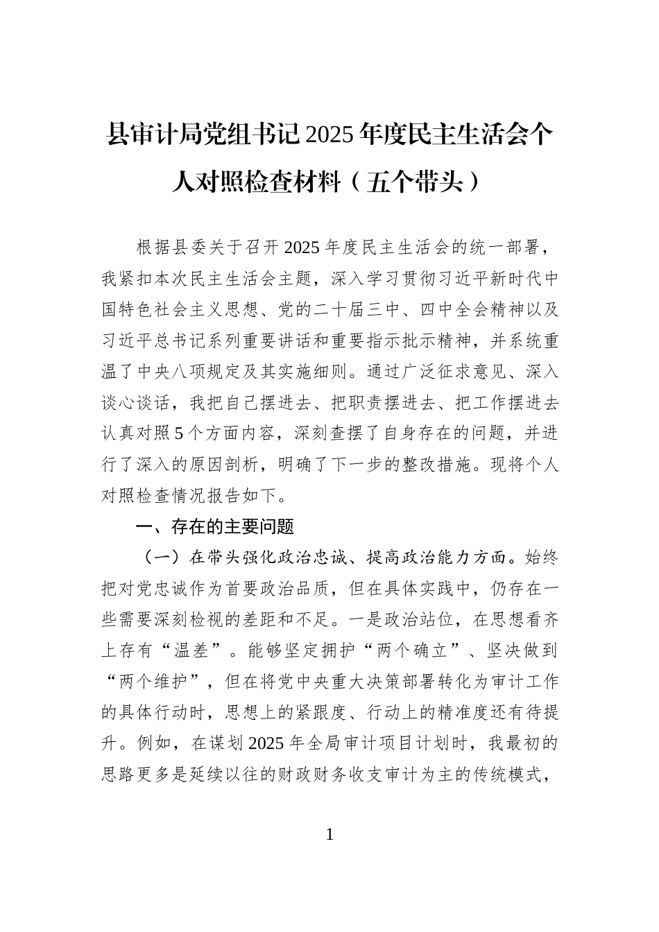 县审计局党组书记2025年度民主生活会个人对照检查材料（五个带头）.docx_第1页