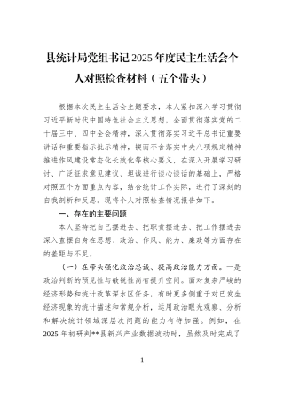 县统计局党组书记2025年度民主生活会个人对照检查材料(五个带头) (1).docx