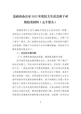 县政府办公室2025年度民主生活会班子对照检查材料（五个带头）.docx