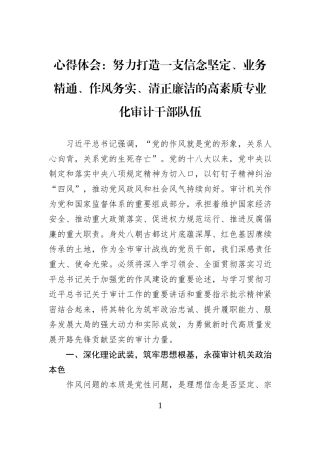 心得体会：努力打造一支信念坚定、业务精通、作风务实、清正廉洁的高素质专业化审计干部队伍.docx