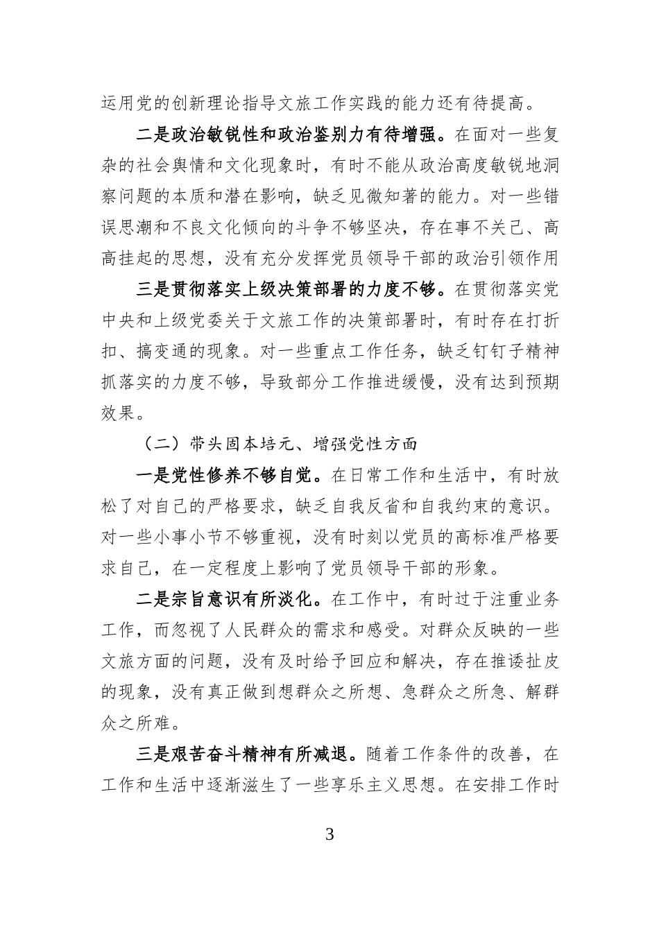 2025年县文旅局局长民主生活会对照检查发言材料（五个带头）.docx_第3页