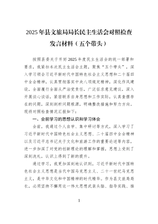 2025年县文旅局局长民主生活会对照检查发言材料（五个带头）.docx