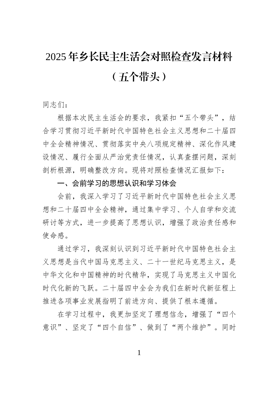 2025年乡长民主生活会对照检查发言材料（五个带头）.docx_第1页