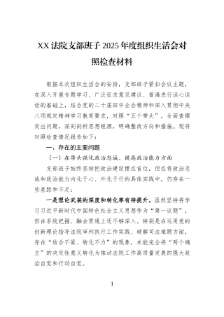 XX法院支部班子2025年度组织生活会对照检查材料.docx