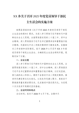 XX乡关于召开2025年度党员领导干部民主生活会的实施方案.docx