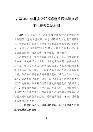 某局2026年扎实做好巡察整改后半篇文章工作报告总结材料.docx