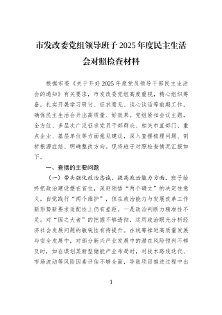 市发改委党组领导班子2025年度民主生活会对照检查材料.docx