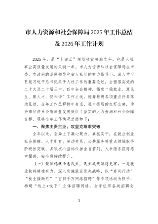 市人力资源和社会保障局2025年工作总结及2026年工作计划.docx