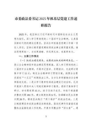 市委政法委书记2025年抓基层党建工作述职报告.docx