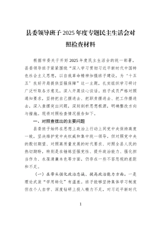 县委领导班子2025年度专题民主生活会对照检查材料.docx