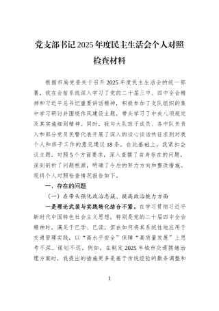 党支部书记2025年度民主生活会个人对照检查材料.docx
