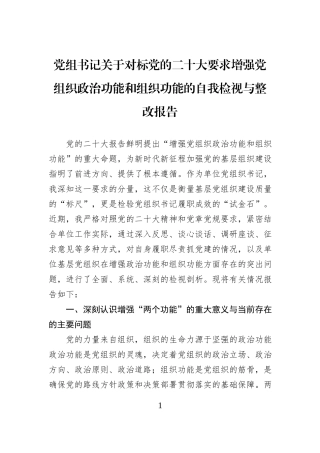 党组书记关于对标党的二十大要求增强党组织政治功能和组织功能的自我检视与整改报告.docx