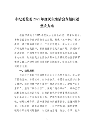 市纪委监委2025年度民主生活会查摆问题整改方案.docx