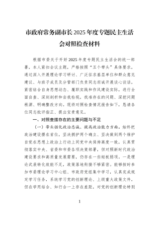 市政府常务副市长2025年度专题民主生活会对照检查材料.docx