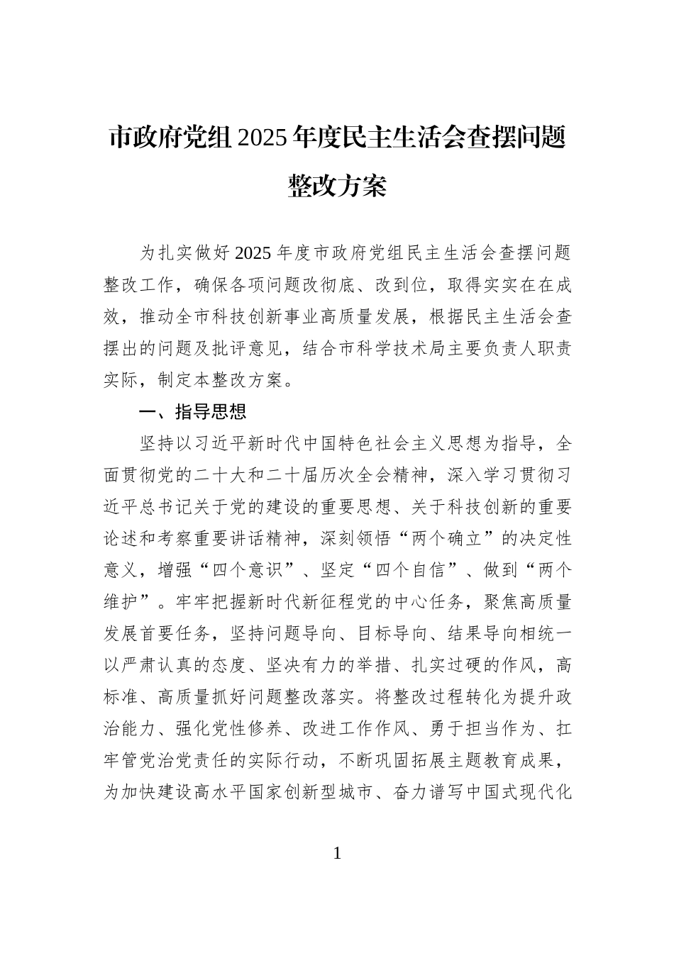 市政府党组2025年度民主生活会查摆问题整改方案.docx_第1页