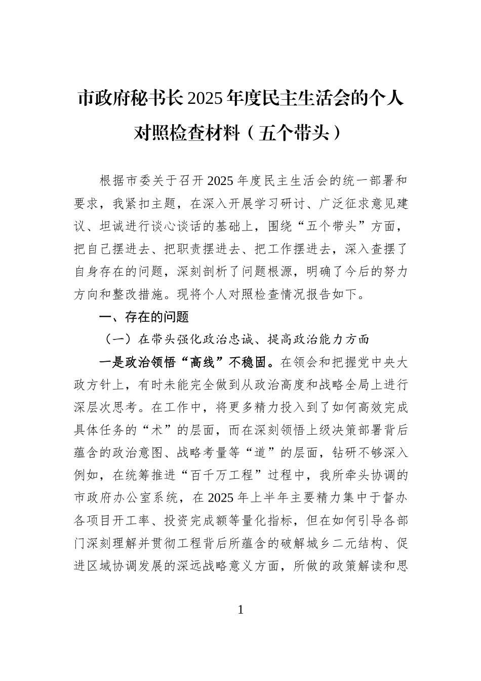 市政府秘书长2025年度民主生活会的个人对照检查材料（五个带头）.docx_第1页