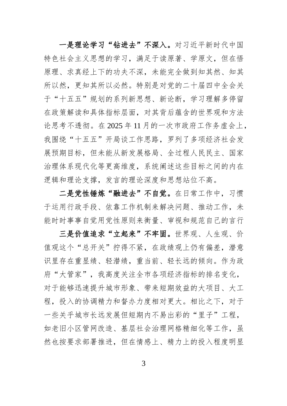 市政府秘书长2025年度民主生活会的个人对照检查材料（五个带头）.docx_第3页