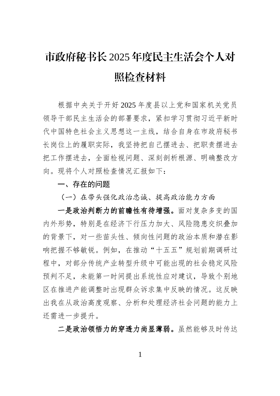 市政府秘书长2025年度民主生活会个人对照检查材料.docx_第1页