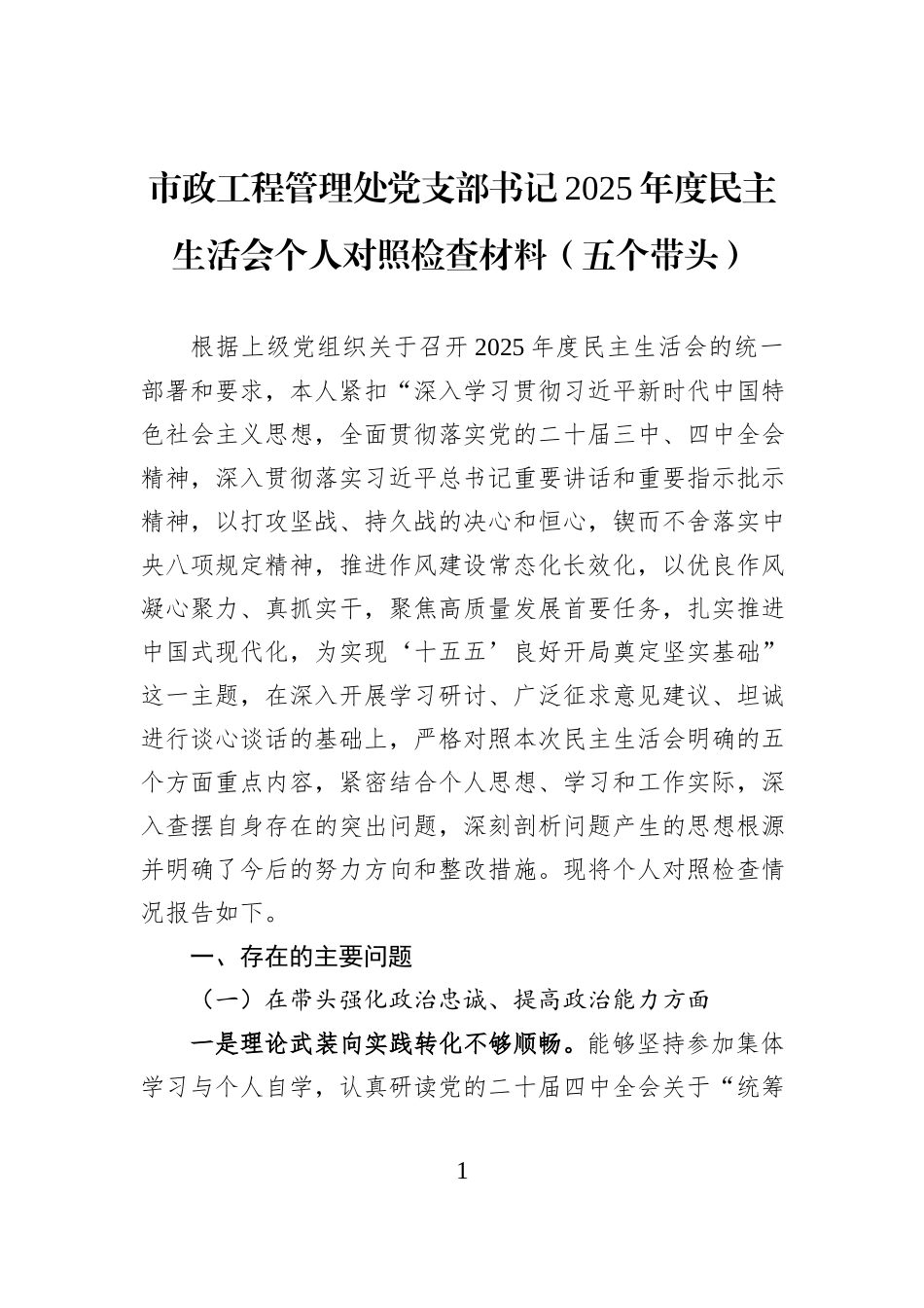 市政工程管理处党支部书记2025年度民主生活会个人对照检查材料（五个带头）.docx_第1页