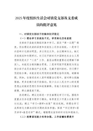 2025年度组织生活会对镇党支部及支委成员的批评意见.docx