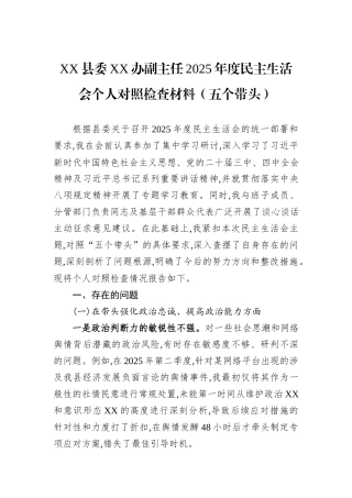 XX县委XX办副主任2025年度民主生活会个人对照检查材料（五个带头）.docx
