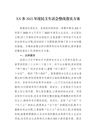 XX乡2025年度民主生活会整改落实方案.docx