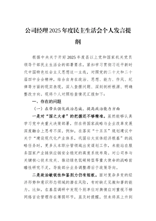 公司经理2025年度民主生活会个人发言提纲.docx