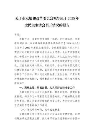 关于市发展和改革委员会领导班子2025年度民主生活会召开情况的报告.docx