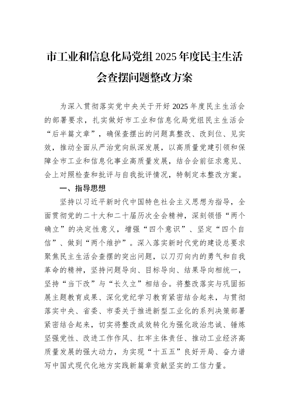 市工业和信息化局党组2025年度民主生活会查摆问题整改方案.docx_第1页
