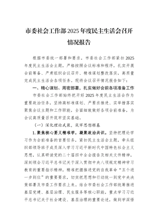市委社会工作部2025年度民主生活会召开情况报告.docx