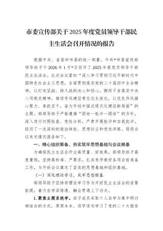 市委宣传部关于2025年度党员领导干部民主生活会召开情况的报告.docx