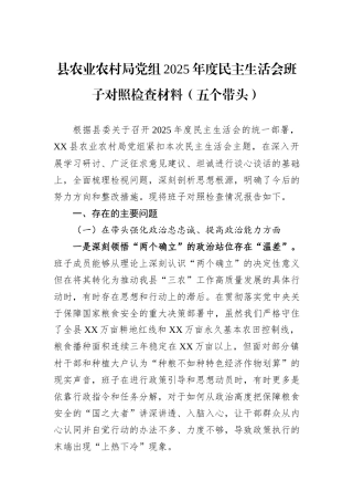 县农业农村局党组2025年度民主生活会班子对照检查材料（五个带头）.docx
