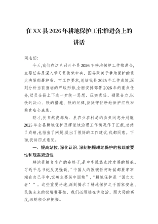 在XX县2026年耕地保护工作推进会上的讲话.docx