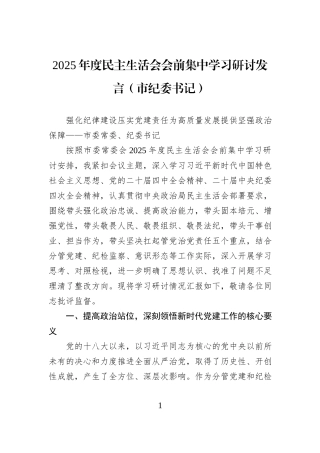 2025年度民主生活会会前集中学习研讨发言（市纪委书记）.docx