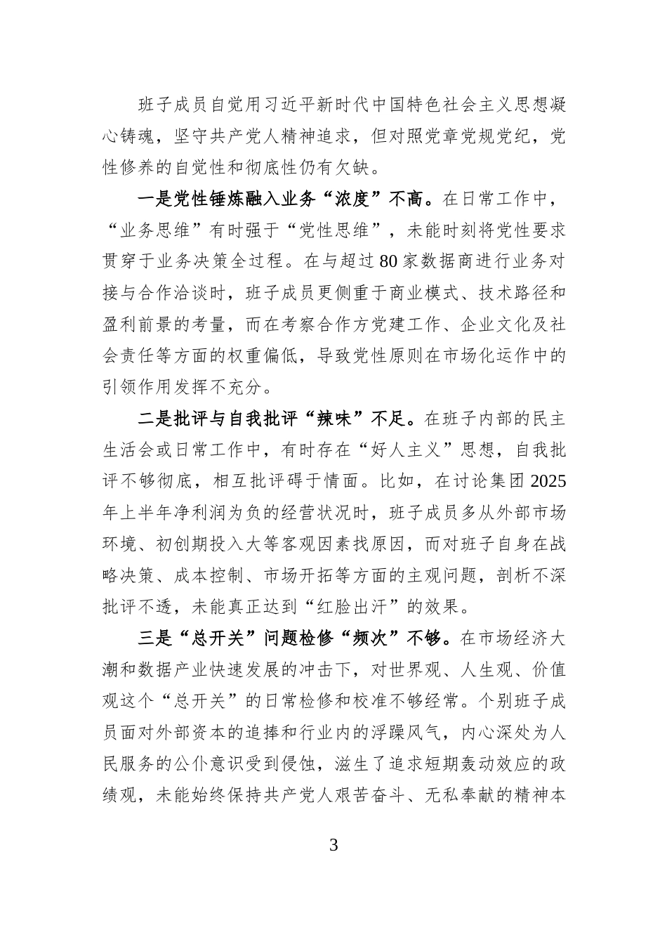 公司2025年度民主生活会领导班子对照检查材料.docx_第3页