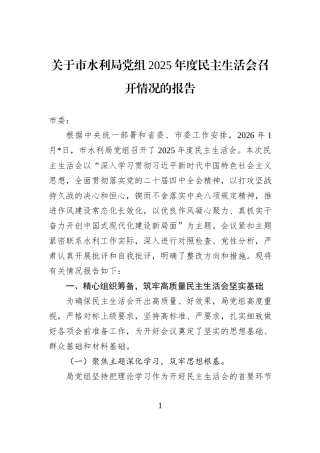 关于市水利局党组2025年度民主生活会召开情况的报告.docx