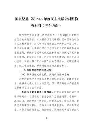 国企纪委书记2025年度民主生活会对照检查材料（五个方面）.docx