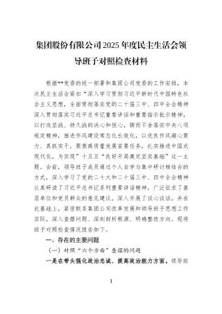 集团股份有限公司2025年度民主生活会领导班子对照检查材料.docx