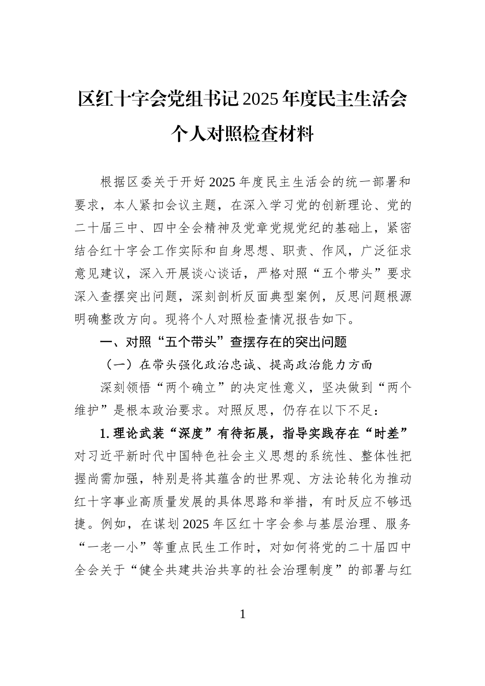 区红十字会党组书记2025年度民主生活会个人对照检查材料.docx_第1页
