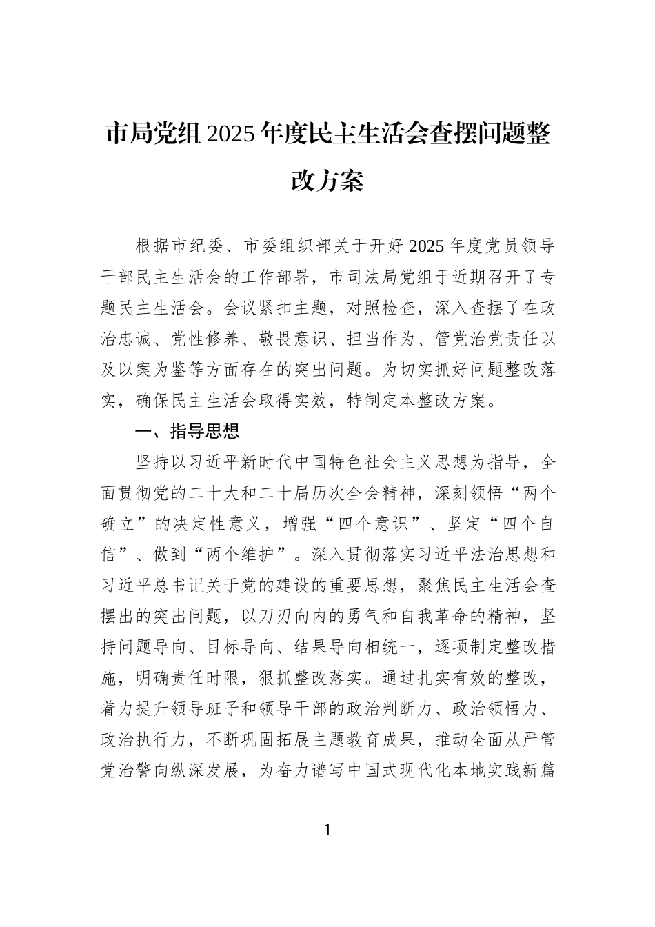 市局党组2025年度民主生活会查摆问题整改方案.docx_第1页