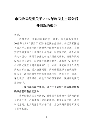 市民政局党组关于2025年度民主生活会召开情况的报告.docx