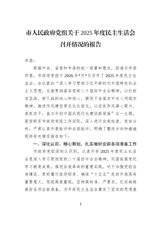 市人民政府党组关于2025年度民主生活会召开情况的报告.docx