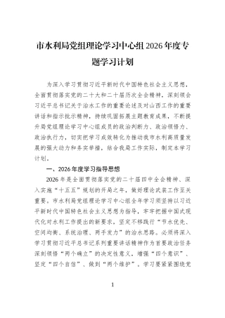 市水利局党组理论学习中心组2026年度专题学习计划.docx